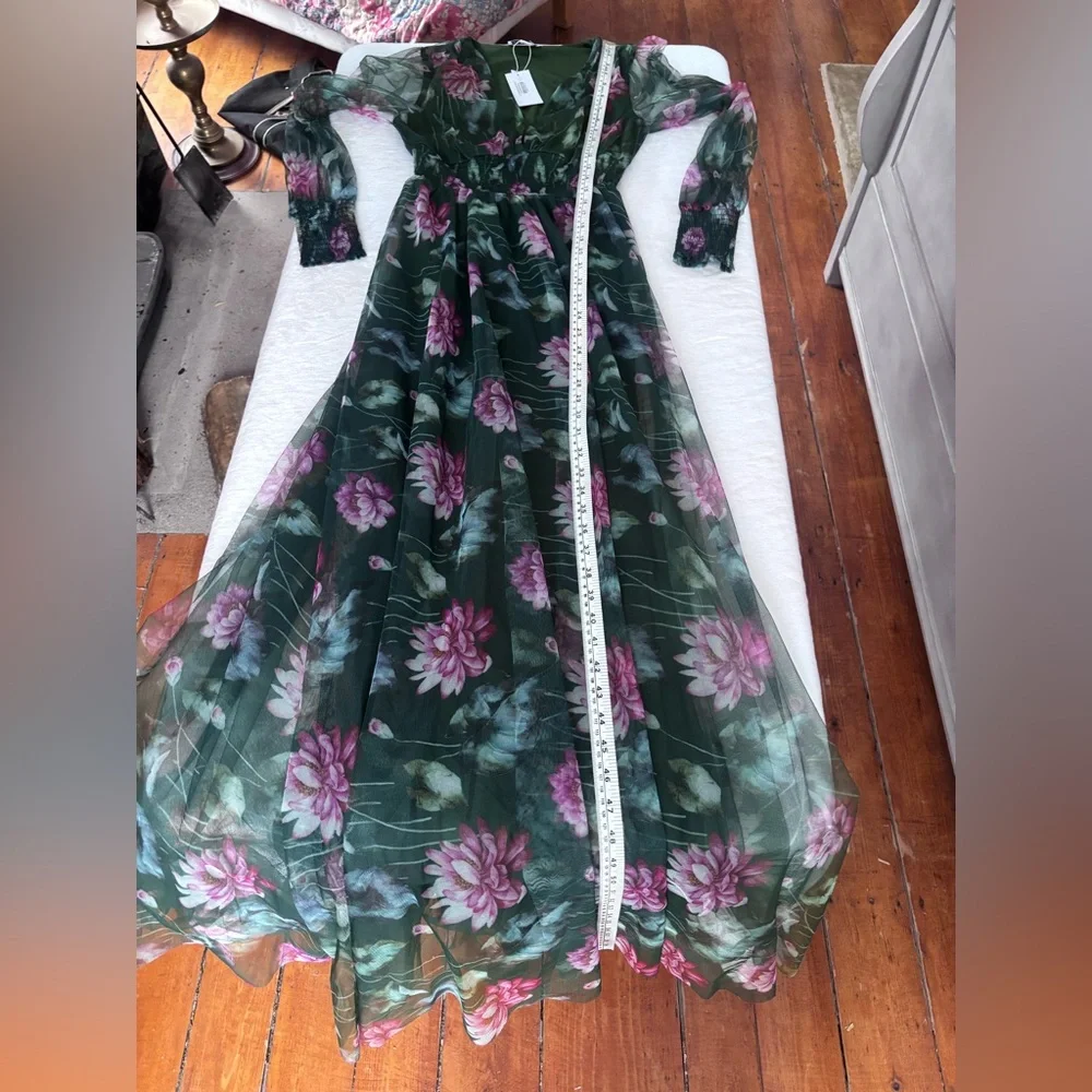 Baltic Born NWT Layla Tulle Maxi Dress Dark Floral Green 3 Layers - Picture 14 of 16